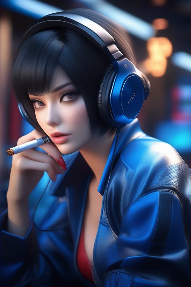  Gaming , black hair, short hair, s, smoking cigarettes, wearing big s, black and blue , wearing headphones hyperrealistic, full body, detailed clothing, highly detailed, cinematic lighting, stunningly beautiful, intricate, sharp focus, f/1. 8, 85mm, (centered image composition), (professionally color graded), ((bright soft diffused light)), volumetric fog, trending on instagram, trending on tumblr, HDR 4K, 8K