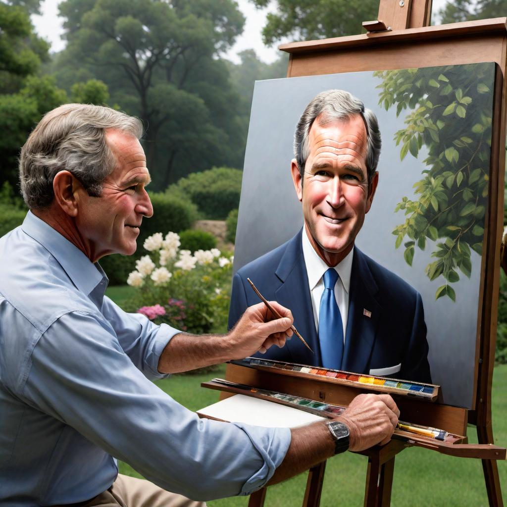  George W. Bush painting a portrait of his father George H.W. Bush outdoors. George H.W. Bush is posing for the portrait while George W. Bush is sitting with a canvas, painting his father. The setting is a beautiful garden. Both should be recognizable and in a happy mood, enjoying the painting session. hyperrealistic, full body, detailed clothing, highly detailed, cinematic lighting, stunningly beautiful, intricate, sharp focus, f/1. 8, 85mm, (centered image composition), (professionally color graded), ((bright soft diffused light)), volumetric fog, trending on instagram, trending on tumblr, HDR 4K, 8K