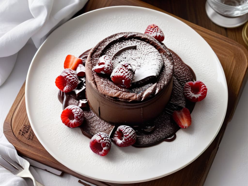  A closeup, ultradetailed image of a decadent chocolate lava cake with a perfectly gooey center, dusted with a sprinkle of powdered sugar and garnished with fresh raspberries on a sleek, modern white plate. The rich, glossy chocolate contrasts beautifully with the vibrant red of the raspberries, creating a visually striking and mouthwatering dessert image that embodies the idea of reducing sugar without sacrificing flavor. The minimalistic presentation highlights the indulgent nature of the dessert while maintaining an elegant and sophisticated feel. hyperrealistic, full body, detailed clothing, highly detailed, cinematic lighting, stunningly beautiful, intricate, sharp focus, f/1. 8, 85mm, (centered image composition), (professionally color graded), ((bright soft diffused light)), volumetric fog, trending on instagram, trending on tumblr, HDR 4K, 8K