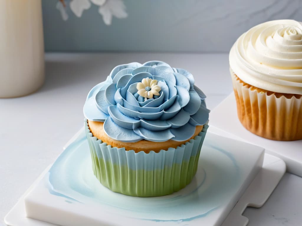  An ultradetailed closeup image of a perfectly frosted cupcake with delicate piped swirls of pastelcolored buttercream, adorned with a single shimmering sugar flower on top. The cupcake sits on a sleek, white marble countertop, with soft natural light casting a gentle shadow, highlighting the intricate details of the frosting and the subtle textures of the sugar flower. This minimalist yet captivating image captures the essence of elegant and professional home baking, inspiring readers to participate in online baking contests from the comfort of their own kitchens. hyperrealistic, full body, detailed clothing, highly detailed, cinematic lighting, stunningly beautiful, intricate, sharp focus, f/1. 8, 85mm, (centered image composition), (professionally color graded), ((bright soft diffused light)), volumetric fog, trending on instagram, trending on tumblr, HDR 4K, 8K