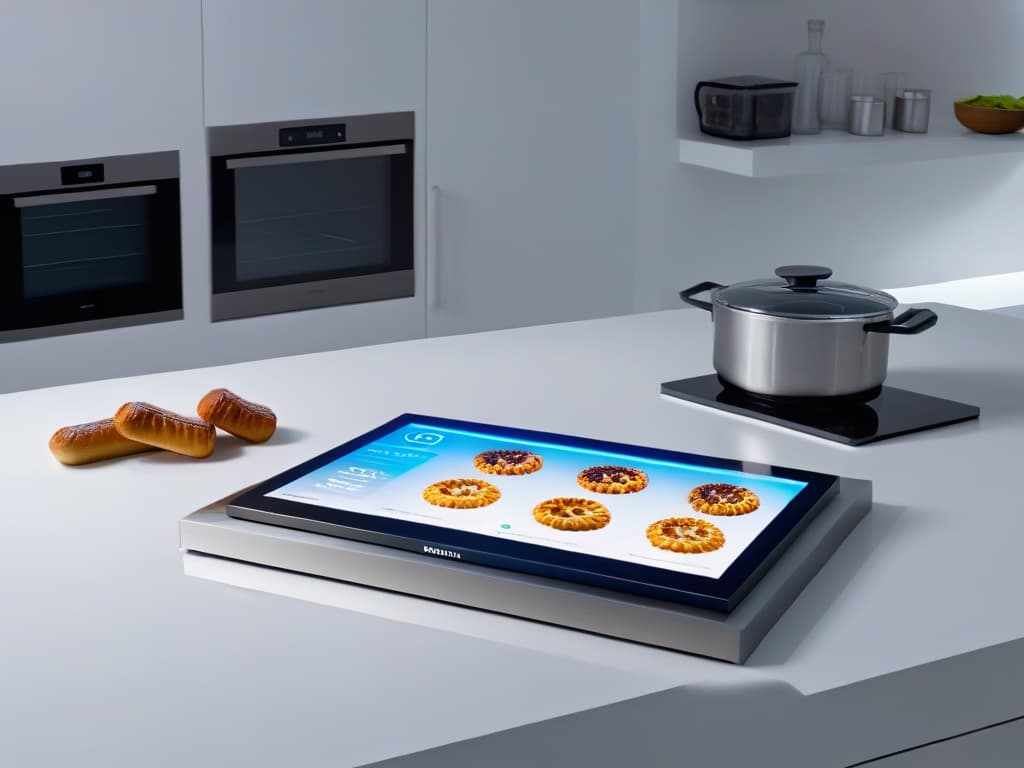  A closeup, ultradetailed image of a futuristic kitchen countertop with holographic AR displays showing stepbystep instructions for creating a complex pastry, alongside neatly arranged hightech kitchen gadgets and sleek, modern utensils. The countertop is immaculately clean, with a subtle reflection of ambient light adding depth to the image. The holographic displays glow softly, casting a gentle light on the surrounding area, creating a visually striking contrast between the advanced technology and the minimalist aesthetic of the kitchen. hyperrealistic, full body, detailed clothing, highly detailed, cinematic lighting, stunningly beautiful, intricate, sharp focus, f/1. 8, 85mm, (centered image composition), (professionally color graded), ((bright soft diffused light)), volumetric fog, trending on instagram, trending on tumblr, HDR 4K, 8K