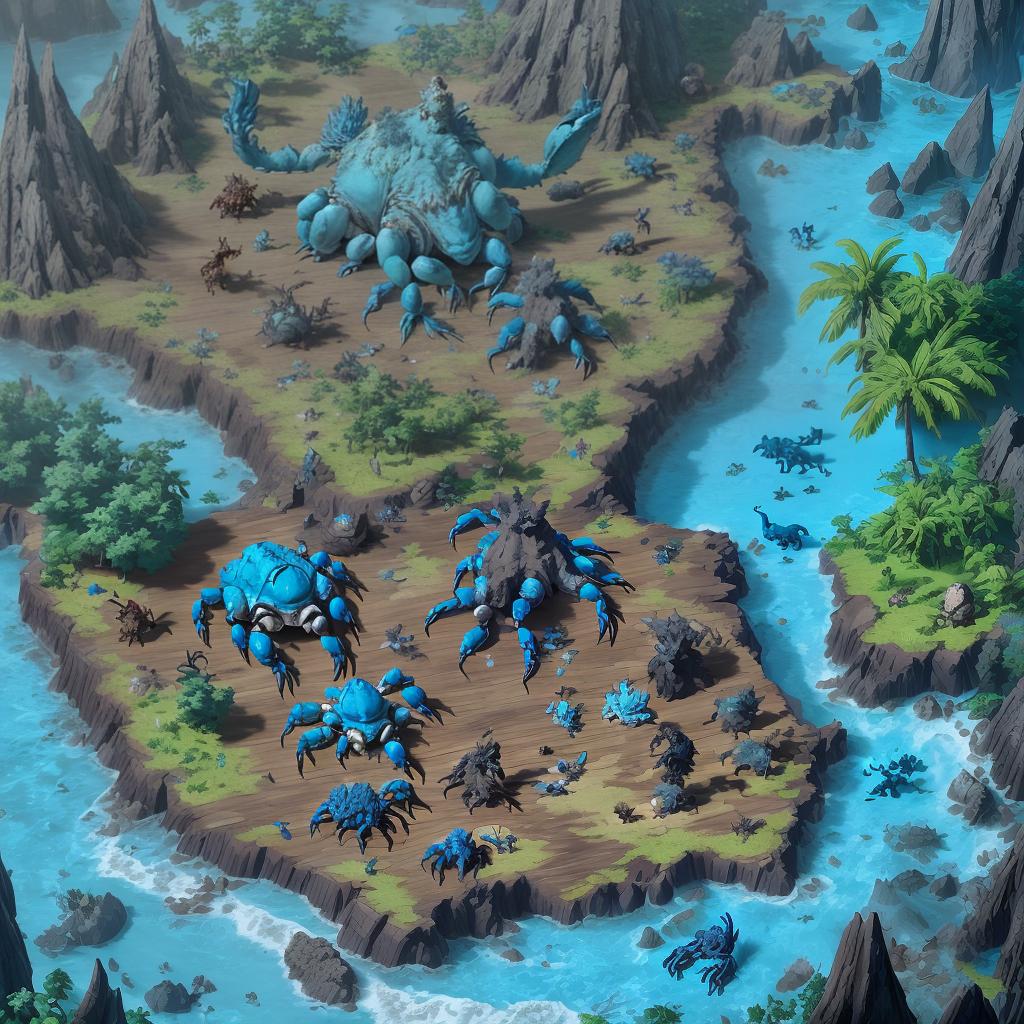  legendary crabs , big creature monsters, blue colorsturtle big like island in the back, so many trees and beachscout bird, brown colorwooden caravanhippogriffin, blue fur,