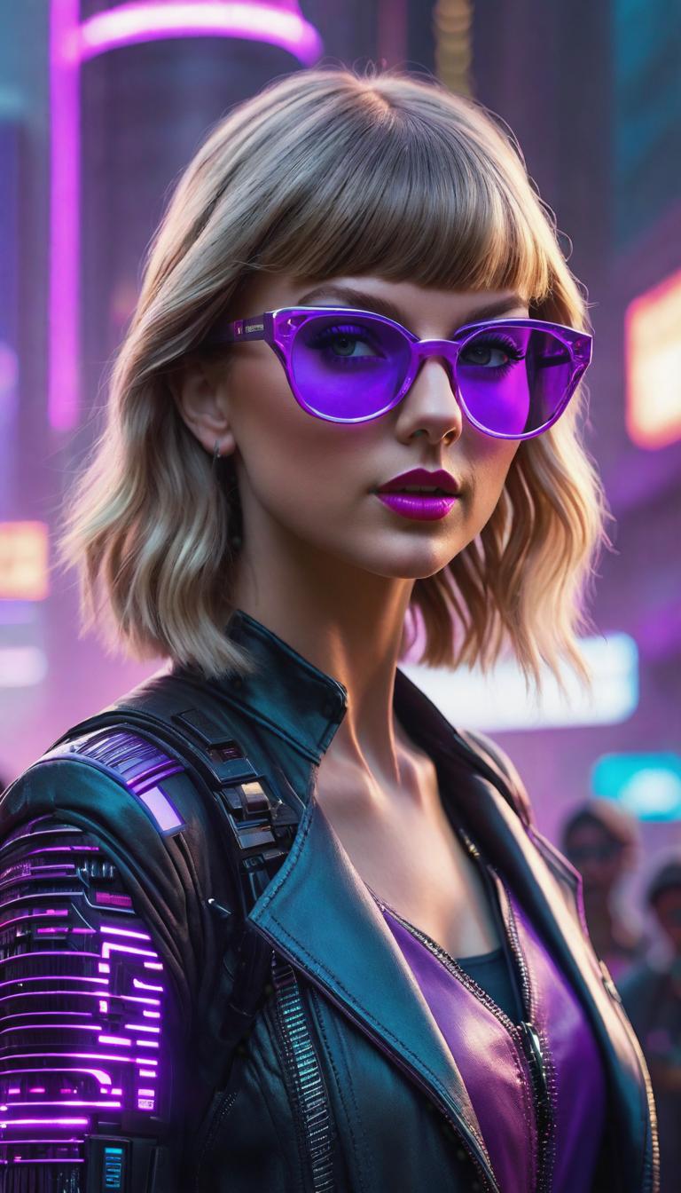  Cyberpunk style depiction of Taylor Swift in purple glasses . The scene is set in a world where technology has advanced, but society and human conditions have not, creating a gritty, dystopian atmosphere. hyperrealistic, full body, detailed clothing, highly detailed, cinematic lighting, stunningly beautiful, intricate, sharp focus, f/1. 8, 85mm, (centered image composition), (professionally color graded), ((bright soft diffused light)), volumetric fog, trending on instagram, trending on tumblr, HDR 4K, 8K