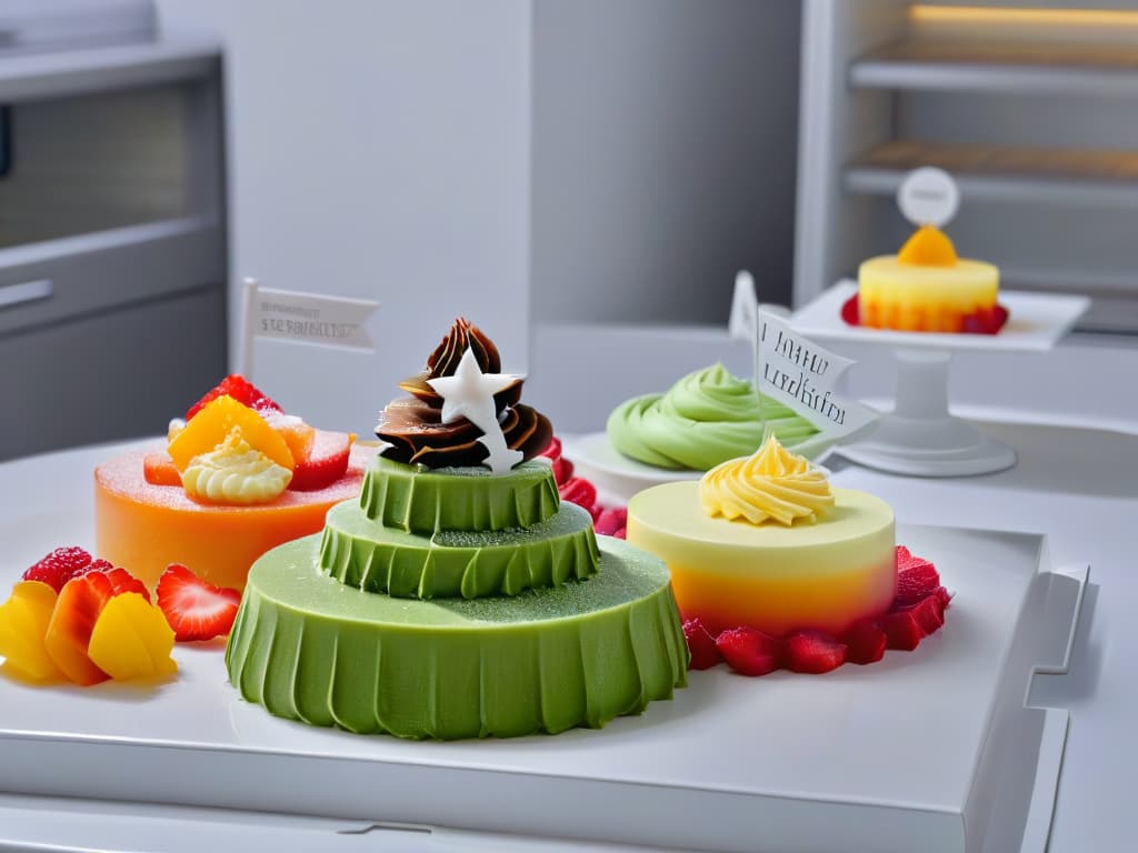  An ultradetailed image of a sleek, modern kitchen showcasing an array of vibrant gelatin desserts elegantly displayed on a marble countertop. The desserts vary in colors and shapes, highlighting the versatility and creativity that can be achieved with different gelatin brands in innovative pastry making. The background is softfocused to emphasize the desserts, with subtle lighting that adds a luxurious feel to the scene. hyperrealistic, full body, detailed clothing, highly detailed, cinematic lighting, stunningly beautiful, intricate, sharp focus, f/1. 8, 85mm, (centered image composition), (professionally color graded), ((bright soft diffused light)), volumetric fog, trending on instagram, trending on tumblr, HDR 4K, 8K