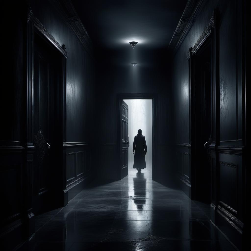 A long black corridor at the end of which is a door that opens slightly. And from that door, there are hands reaching out. Dark tones, poster similar to the atmosphere of the movie "The Call", dark , creepy , blood , monsters , by Jason Engle , Carlos Huante , Charlie Bowater , Simon Lee , Brom