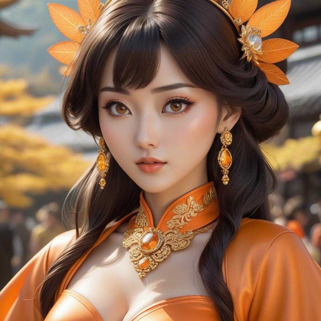  A cartoon girl in an orange costume with gold jewelry, in the style of miho hirano, light yellow and dark brown, close up, traditional costumes, childlike simplicity, comic art, tondo hyperrealistic, full body, detailed clothing, highly detailed, cinematic lighting, stunningly beautiful, intricate, sharp focus, f/1. 8, 85mm, (centered image composition), (professionally color graded), ((bright soft diffused light)), volumetric fog, trending on instagram, trending on tumblr, HDR 4K, 8K