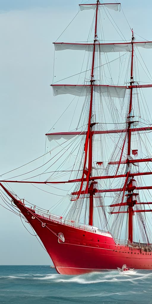  ship with red sails, near the house