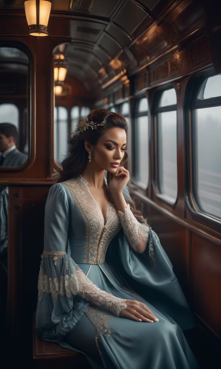  a descends from the footboard of a train carriage hyperrealistic, full body, detailed clothing, highly detailed, cinematic lighting, stunningly beautiful, intricate, sharp focus, f/1. 8, 85mm, (centered image composition), (professionally color graded), ((bright soft diffused light)), volumetric fog, trending on instagram, trending on tumblr, HDR 4K, 8K