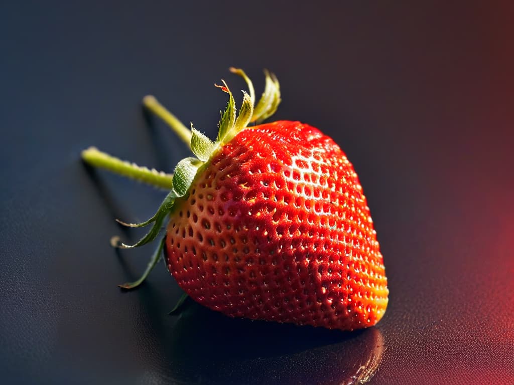  An ultradetailed closeup image of a ripe, glossy strawberry, showcasing the intricate pattern of seeds on its surface and the vibrant red color, with tiny water droplets glistening under soft, diffused lighting, creating a visually striking and minimalistic composition that conveys freshness and intense flavor potential through molecular techniques. hyperrealistic, full body, detailed clothing, highly detailed, cinematic lighting, stunningly beautiful, intricate, sharp focus, f/1. 8, 85mm, (centered image composition), (professionally color graded), ((bright soft diffused light)), volumetric fog, trending on instagram, trending on tumblr, HDR 4K, 8K