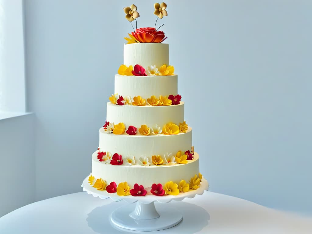  A minimalist, ultradetailed 8k image of a beautifully intricate wedding cake adorned with delicate sugar flowers representing various international cultures. Each tier features a unique design inspired by different countries, showcasing a harmonious blend of global wedding dessert traditions. The cake is elegantly displayed on a simple, pristine white cake stand, highlighting the cultural diversity and artistry of international wedding desserts. hyperrealistic, full body, detailed clothing, highly detailed, cinematic lighting, stunningly beautiful, intricate, sharp focus, f/1. 8, 85mm, (centered image composition), (professionally color graded), ((bright soft diffused light)), volumetric fog, trending on instagram, trending on tumblr, HDR 4K, 8K