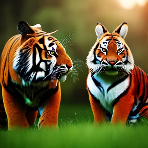 redshift style tiger and rabbit chat in middle of forest kawaii cute hyperrealistic, full body, detailed clothing, highly detailed, cinematic lighting, stunningly beautiful, intricate, sharp focus, f/1. 8, 85mm, (centered image composition), (professionally color graded), ((bright soft diffused light)), volumetric fog, trending on instagram, trending on tumblr, HDR 4K, 8K