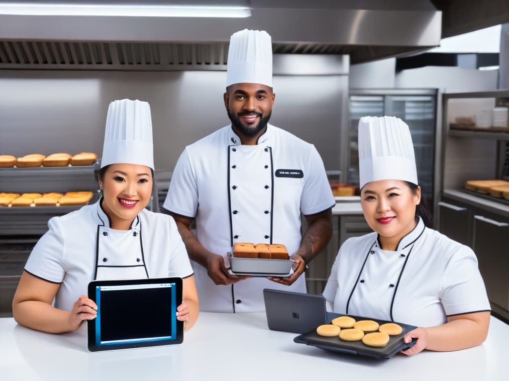  A highresolution image of a diverse group of bakers, including individuals with disabilities, using innovative baking apps on tablets and smartphones in a modern kitchen setting. The image showcases the seamless integration of technology in inclusive baking practices, with a focus on empowerment and collaboration among the bakers. The background is sleek and minimalistic, emphasizing the futuristic aspect of the culinary tools being utilized. hyperrealistic, full body, detailed clothing, highly detailed, cinematic lighting, stunningly beautiful, intricate, sharp focus, f/1. 8, 85mm, (centered image composition), (professionally color graded), ((bright soft diffused light)), volumetric fog, trending on instagram, trending on tumblr, HDR 4K, 8K