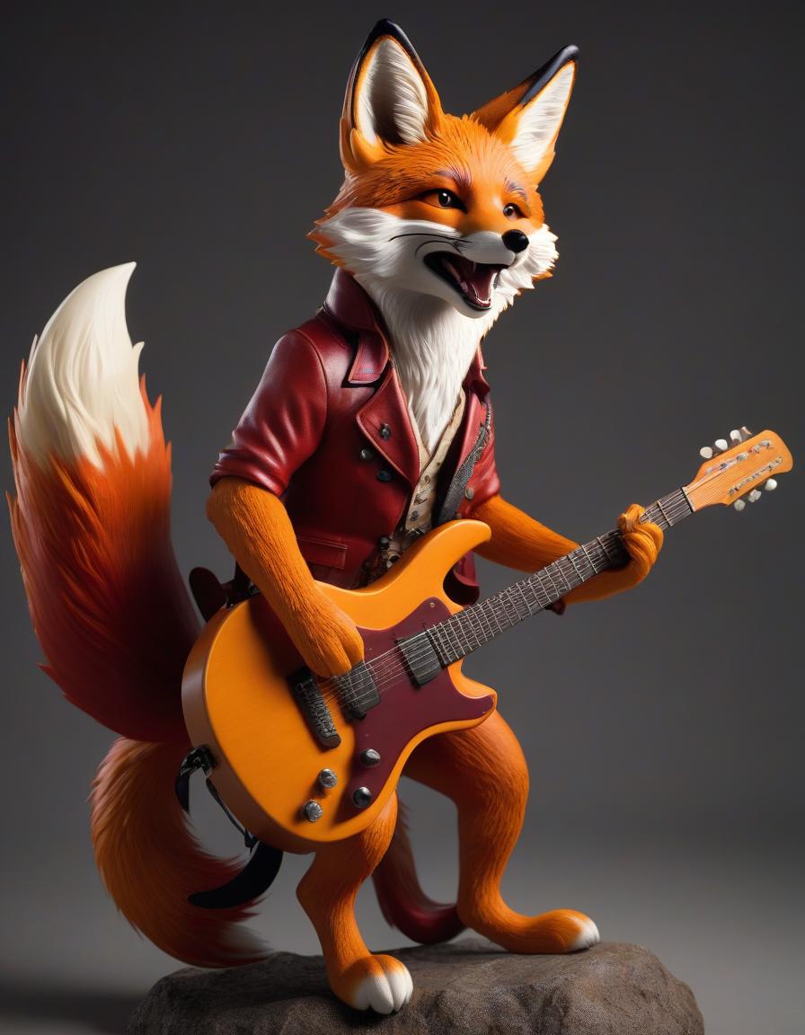  A fiery fox is playing guitar and singing. Or for a more direct translation, which maintains the word order: A fiery fox sings and plays the guitar. (Caution: "fiery fox" may be a metaphor, so the image could be of a human musical performer with that name or description.) hyperrealistic, full body, detailed clothing, highly detailed, cinematic lighting, stunningly beautiful, intricate, sharp focus, f/1. 8, 85mm, (centered image composition), (professionally color graded), ((bright soft diffused light)), volumetric fog, trending on instagram, trending on tumblr, HDR 4K, 8K