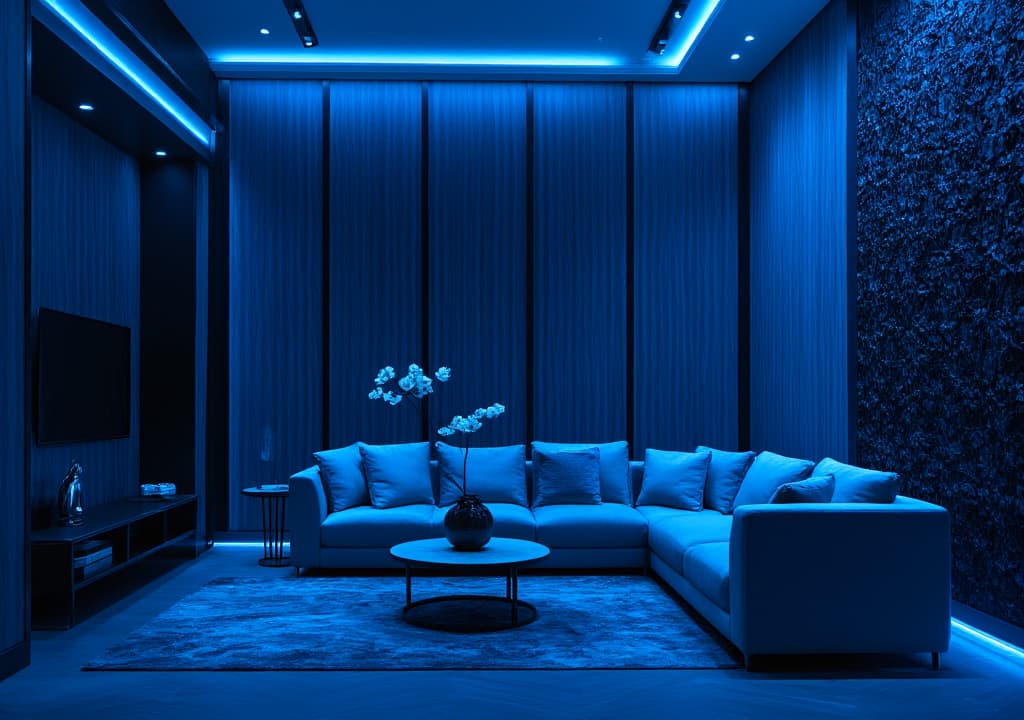  good quality, high quality, capture an unedited 8k photograph styled after mario testino, featuring a sharp, hyperrealistic, and highly detailed view of a living room designed in the art deco style, marked by 1920s 30s geometric patterns and luxury materials. the image introduces a vibrant blue effect (rgb color value for blue), professionally color graded with bright, soft diffused light, and shot using a 100mm f/2.8 telephoto lens under nocturnal lighting. this image, reminiscent of a mystery movie, employs cinestill 800t film grain to enhance a nostalgic style, drawing inspiration from past decades with vintage color schemes and dense, intricately blurred backgrounds that amplify the scene's stunning beauty, details