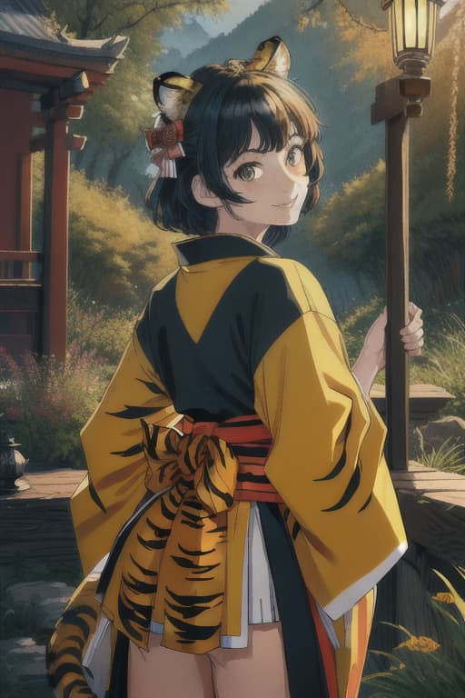  (Masterpiece, Best Quounty) 1.5, Absurd Detailed, Raw Photo Realistic, (Super Fine Shine Face), 8k, (Tiger-Stripes Kimono, short hem, Tiger Ears, Tiger Ears, Tiger G, Tiger G IRL, Cat Hands, Tiger Tail), Raw Photo Realistic Shiny Tiger-Hair, GRIN, Exposed Butt & Thighs, Look Back, Cat's Paw, Dynamic Pose, Shrine, Twilight Lighting, ((put on the head))