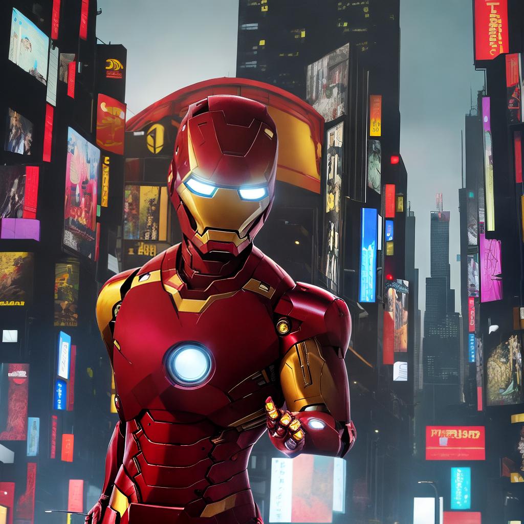  masterpiece, best quality, masterpiece, 8k resolution, realistic, highly detailed, Iron Man close-up. He stands on a street lined with tall buildings in a cyberpunk style city at night. The city's night lights are bright and the surrounding buildings and streets are full of cyberpunk elements such as neon lights, high-tech equipment and futuristic architectural design.,