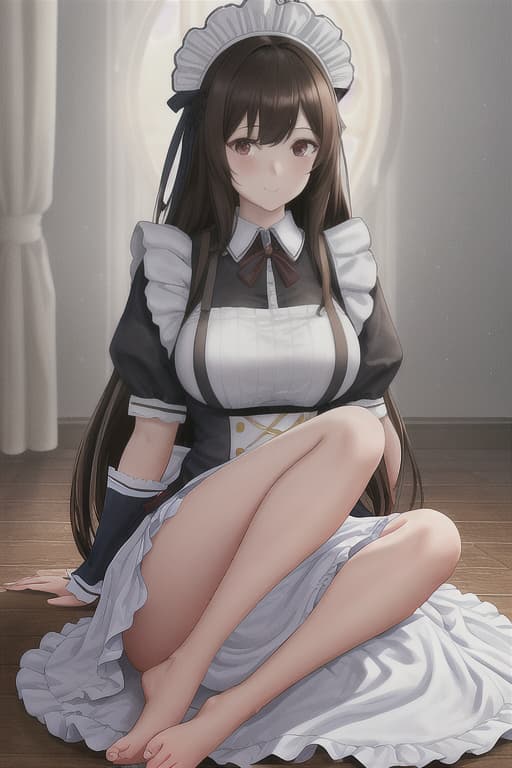  (score 9,score 8 up,score 7 up,),1girl,solo,maid,maid headdress,looking at viewer,apron,brown hair,indoors,black hair,bare foot,feet focus,two feet hyperrealistic, full body, detailed clothing, highly detailed, cinematic lighting, stunningly beautiful, intricate, sharp focus, f/1. 8, 85mm, (centered image composition), (professionally color graded), ((bright soft diffused light)), volumetric fog, trending on instagram, trending on tumblr, HDR 4K, 8K