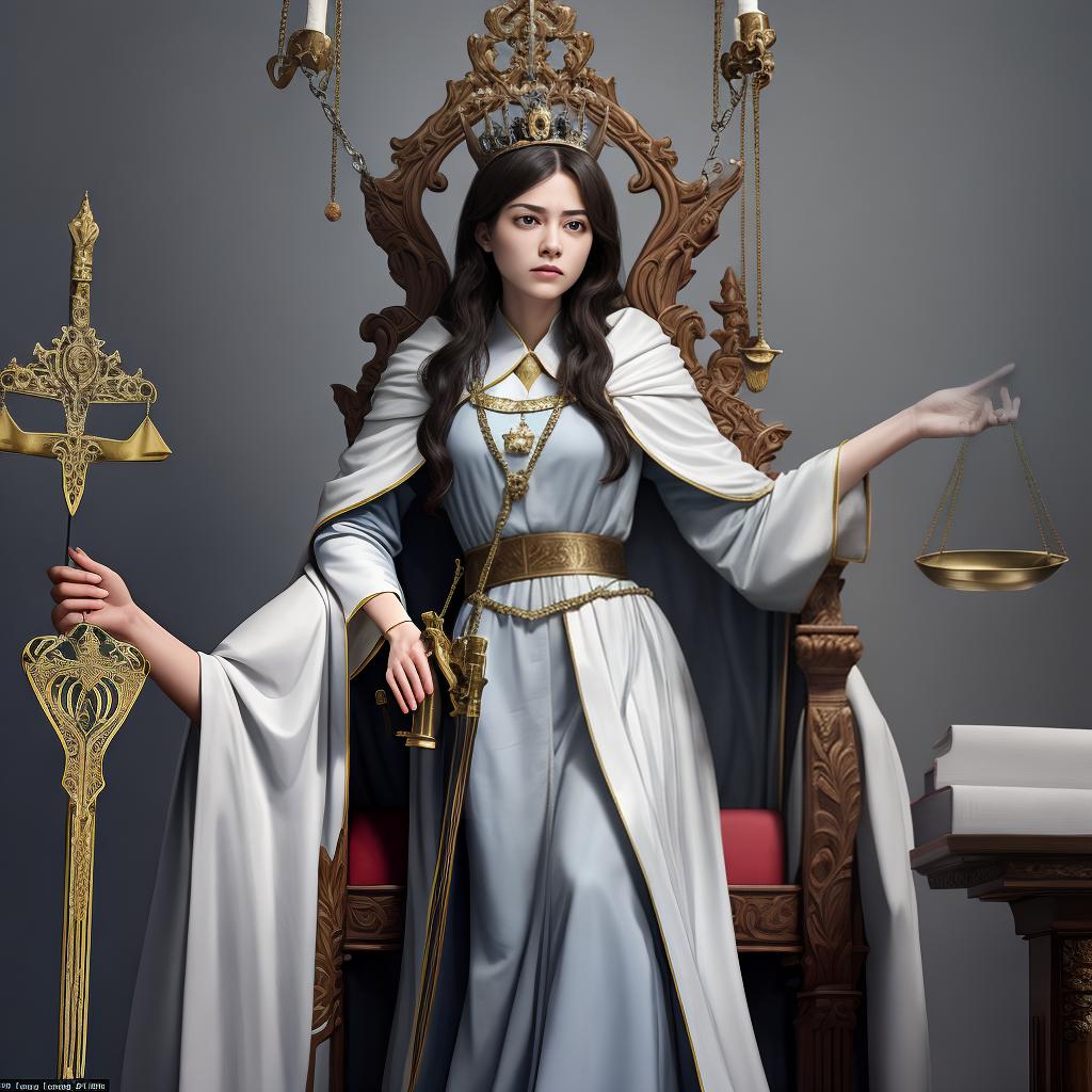  masterpiece, best quality, Let there be a throne, and on that throne, let there be a female lawyer wearing a robe, holding a scale of justice in one hand and a gun in the other.