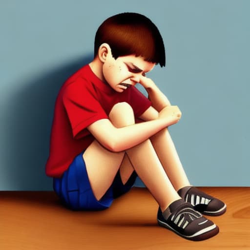  Draw an image that depicts a very sad, crying 10-year-old boy, dressed in shorts, anxiously waiting to be punished for his disobedience. A medium-sized brown wooden paddle, typically used to correct c
