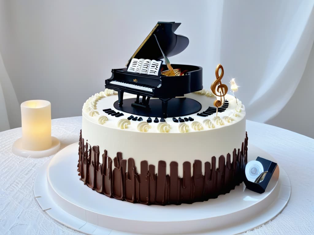  An image of a decadent chocolate cake intricately decorated with musical notes and symbols made from delicate sugar work, surrounded by elegant dessert plates and silver cutlery on a crisp white tablecloth. The cake is artfully crafted to resemble a grand piano, with edible keys and strings meticulously placed on top, exuding a sense of sophistication and creativity inspired by classical music. The lighting is soft yet highlights the intricate details, emphasizing the harmonious fusion of culinary art and musical inspiration. hyperrealistic, full body, detailed clothing, highly detailed, cinematic lighting, stunningly beautiful, intricate, sharp focus, f/1. 8, 85mm, (centered image composition), (professionally color graded), ((bright soft diffused light)), volumetric fog, trending on instagram, trending on tumblr, HDR 4K, 8K