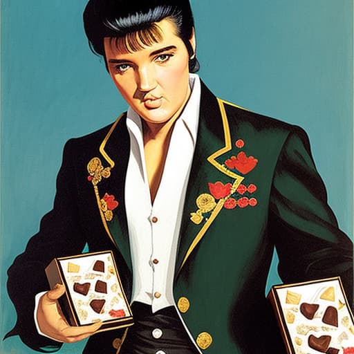  Elvis Presley holding an open box of fine chocolates. Painted in the style of Édouard Manet