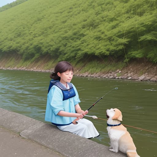  A girl with a dog's head and a woman's body sat by the river fishing.