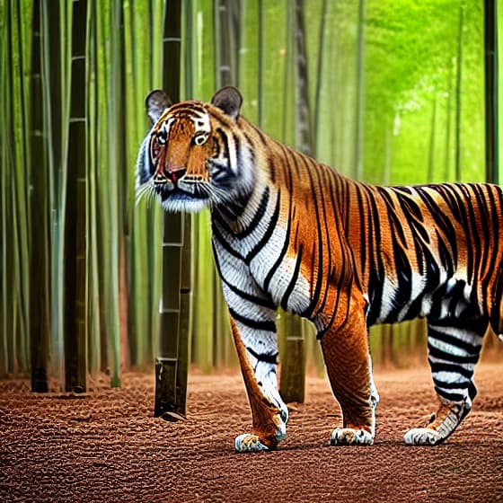  muscular tiger walking among bamboo hyperrealistic, full body, detailed clothing, highly detailed, cinematic lighting, stunningly beautiful, intricate, sharp focus, f/1. 8, 85mm, (centered image composition), (professionally color graded), ((bright soft diffused light)), volumetric fog, trending on instagram, trending on tumblr, HDR 4K, 8K