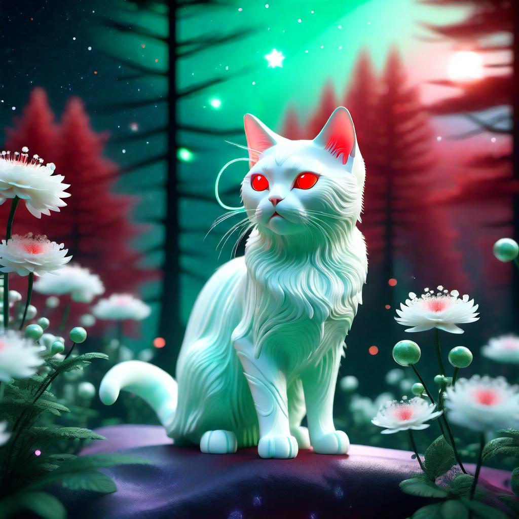  space-themed cat ghost, translucent green forest, white mist flowers, Red sunset, alien landscape, perfect composition, exquisite attention to small details, realistic reflections, UHD, 8k, ultra-detailed texture, volumetric light, cinematic effects, masterpiece , trending on ArtStation, Octane 3D rendering, Mysterious . cosmic, celestial, stars, galaxies, nebulas, planets, science fiction, highly detailed