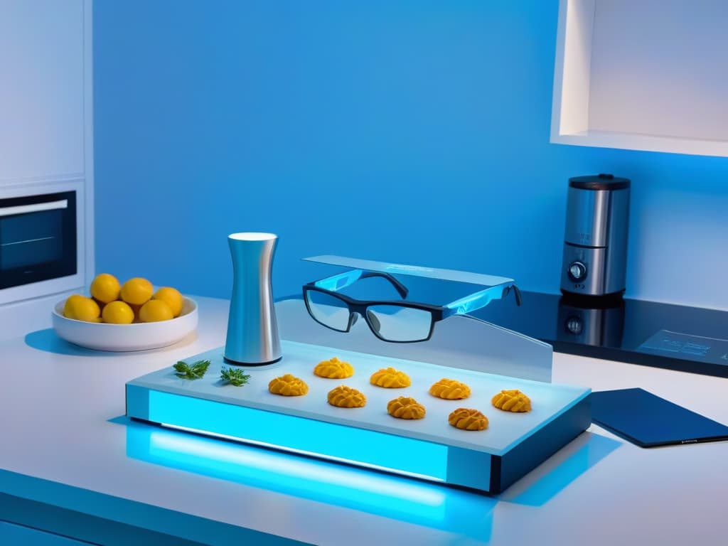  An ultradetailed 8k image of a sleek, modern kitchen countertop filled with hightech augmented reality baking equipment such as AR glasses, interactive digital recipe display, holographic measuring tools, and futuristic utensils, all glowing softly in a cool blue light against a clean white backdrop. hyperrealistic, full body, detailed clothing, highly detailed, cinematic lighting, stunningly beautiful, intricate, sharp focus, f/1. 8, 85mm, (centered image composition), (professionally color graded), ((bright soft diffused light)), volumetric fog, trending on instagram, trending on tumblr, HDR 4K, 8K