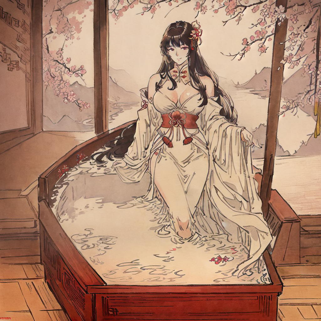  ((masterpiece)),(((best quality))), 8k, high detailed, ultra-detailed. A stunning contemporary Chinese woman, with flowing hair, enjoying a relaxing bath in a luxurious wooden tub. The room is decorated with ornate Chinese porcelain vases filled with fresh cherry blossoms. Delicate silk curtains flutter in the gentle breeze, revealing a panoramic view of a serene Chinese garden outside. hyperrealistic, full body, detailed clothing, highly detailed, cinematic lighting, stunningly beautiful, intricate, sharp focus, f/1. 8, 85mm, (centered image composition), (professionally color graded), ((bright soft diffused light)), volumetric fog, trending on instagram, trending on tumblr, HDR 4K, 8K