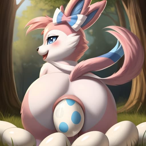  Sylveon, feral, egg in ass, anal oviposition, view from behind,, open eyes, digital art, masterpiece, 4k, fine details,