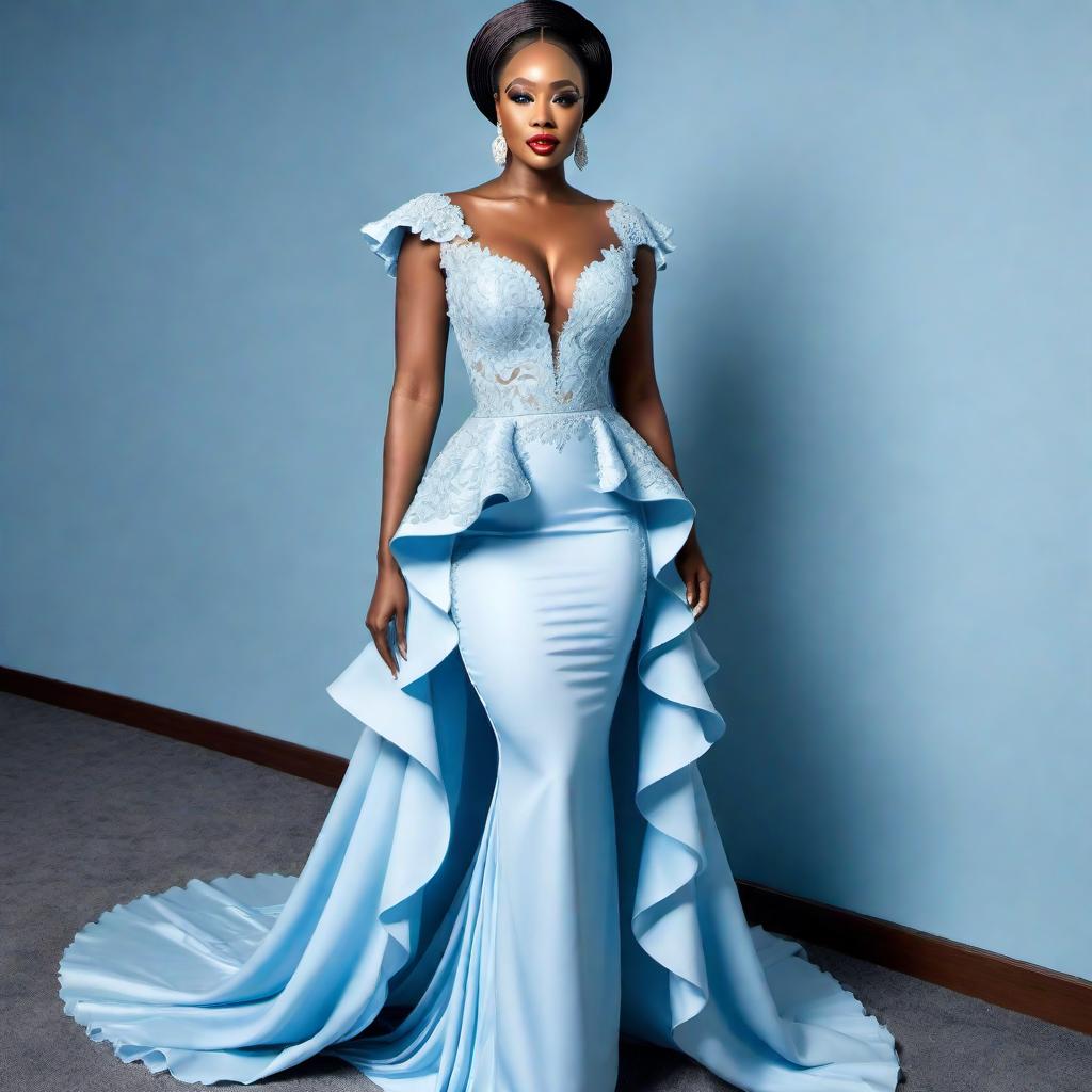  Design a powder blue, aso ebi, princess dress with long frills and an elegant train (sometimes referred to as an 'after dress'). The dress should embody a luxurious and regal look, suitable for a formal event. hyperrealistic, full body, detailed clothing, highly detailed, cinematic lighting, stunningly beautiful, intricate, sharp focus, f/1. 8, 85mm, (centered image composition), (professionally color graded), ((bright soft diffused light)), volumetric fog, trending on instagram, trending on tumblr, HDR 4K, 8K