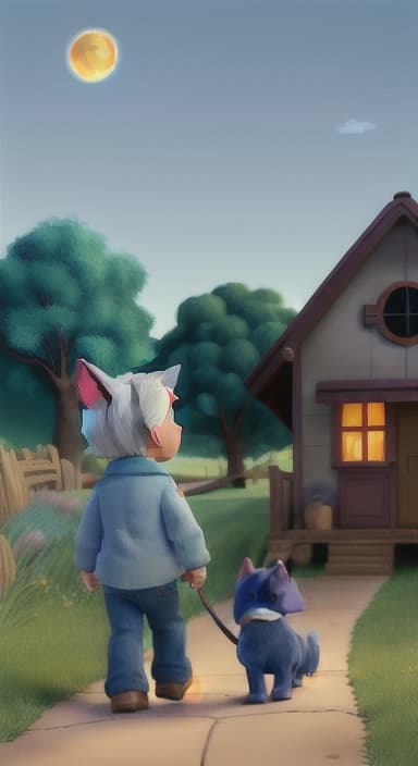  {Max walking back towards the cozy little house with droopy eyes, as twilight falls, The big blue dog is large with sky blue fur, big round eyes, a black nose, and floppy ears.