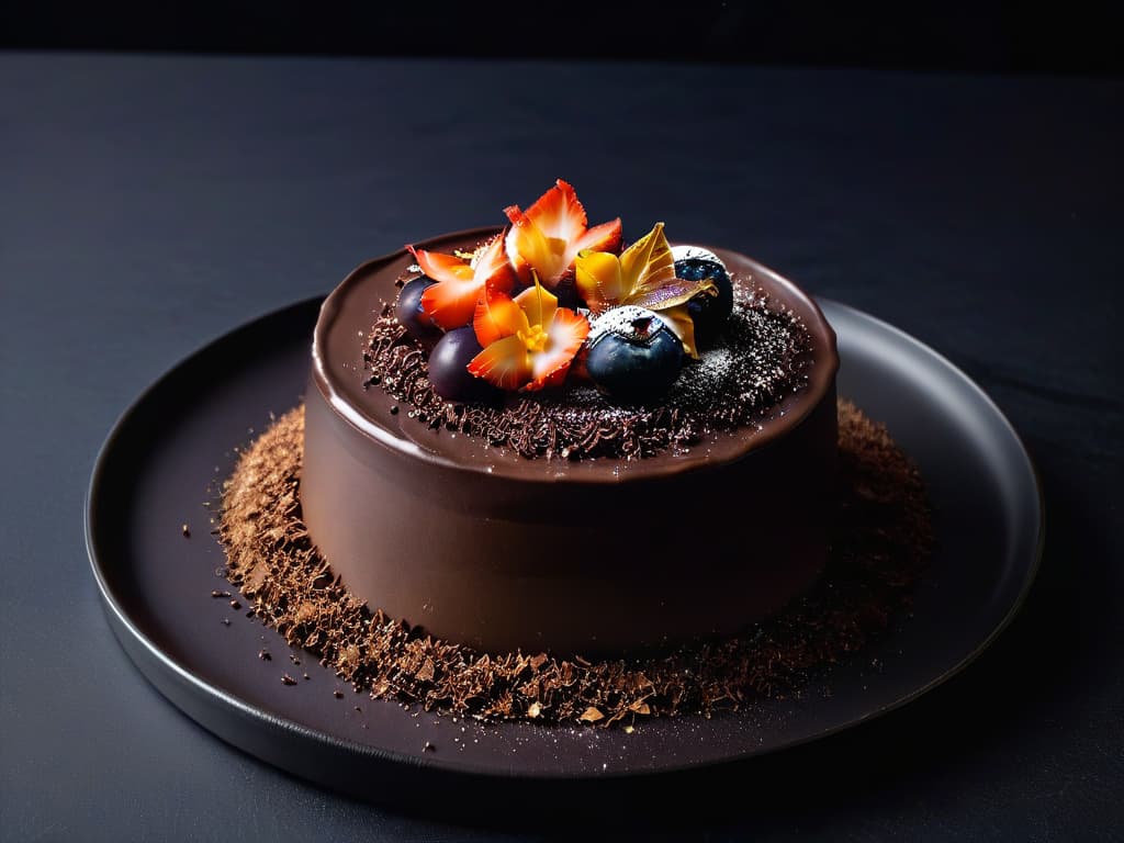  A closeup, ultrahighresolution image of a sleek, modern chocolate dessert adorned with delicate, intricate chocolate shavings on top. The dessert is elegantly presented on a white, minimalist plate, set against a dark, matte background to enhance the contrast and highlight the artistry of the chocolate decorations. The shavings are expertly crafted, showcasing a variety of shapes and patterns, creating a visually stunning and sophisticated image that embodies the essence of contemporary chocolate dessert decoration trends. hyperrealistic, full body, detailed clothing, highly detailed, cinematic lighting, stunningly beautiful, intricate, sharp focus, f/1. 8, 85mm, (centered image composition), (professionally color graded), ((bright soft diffused light)), volumetric fog, trending on instagram, trending on tumblr, HDR 4K, 8K