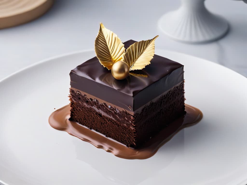  A closeup, ultradetailed image of a single piece of dark chocolate with a glossy sheen, placed on a sleek, modern white plate. The chocolate is intricately decorated with delicate gold leaf accents, showcasing the exquisite craftsmanship and elegance of gourmet dessert presentation. The lighting is soft, emphasizing the rich, deep color of the chocolate and creating a luxurious, sophisticated atmosphere. hyperrealistic, full body, detailed clothing, highly detailed, cinematic lighting, stunningly beautiful, intricate, sharp focus, f/1. 8, 85mm, (centered image composition), (professionally color graded), ((bright soft diffused light)), volumetric fog, trending on instagram, trending on tumblr, HDR 4K, 8K