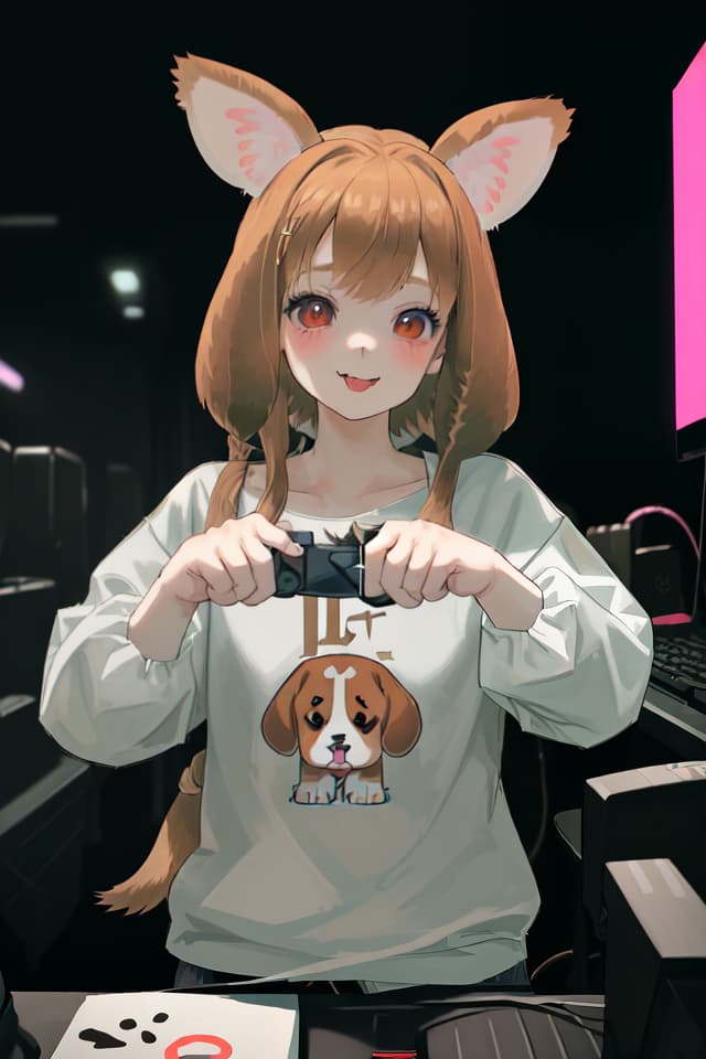  ((holding 🎮、girl play game、accurate hands))、(((droopin dog ears、lop beagle's ears)))、anthropomorphic furry beagle girl、tongue out blush smiling、dutch angle、neon lighting、in Internet cafe、best quality:1.4、masterpiece:1.4、ultra detailed texture、RAW photorealistic:1.4、absurd resolution、8K illustration、💩、💩