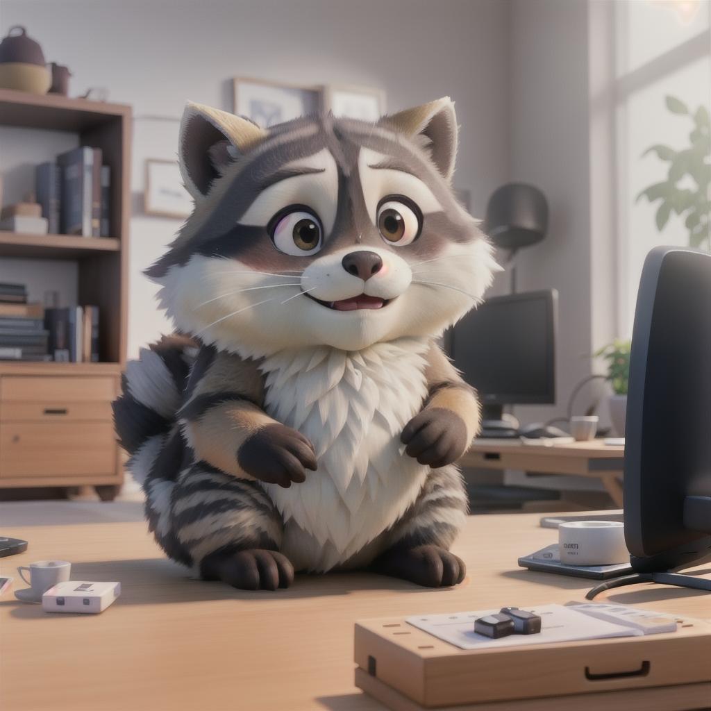  raccoon sitting in gaming chair front a computer on desktop, ((semi anthropomorphic)),(full body), tail, belly, sitting, fat, (chubby), (((white background))), solo, desktop, gaming chair, side view,  [[[clothes]]] hyperrealistic, full body, detailed clothing, highly detailed, cinematic lighting, stunningly beautiful, intricate, sharp focus, f/1. 8, 85mm, (centered image composition), (professionally color graded), ((bright soft diffused light)), volumetric fog, trending on instagram, trending on tumblr, HDR 4K, 8K