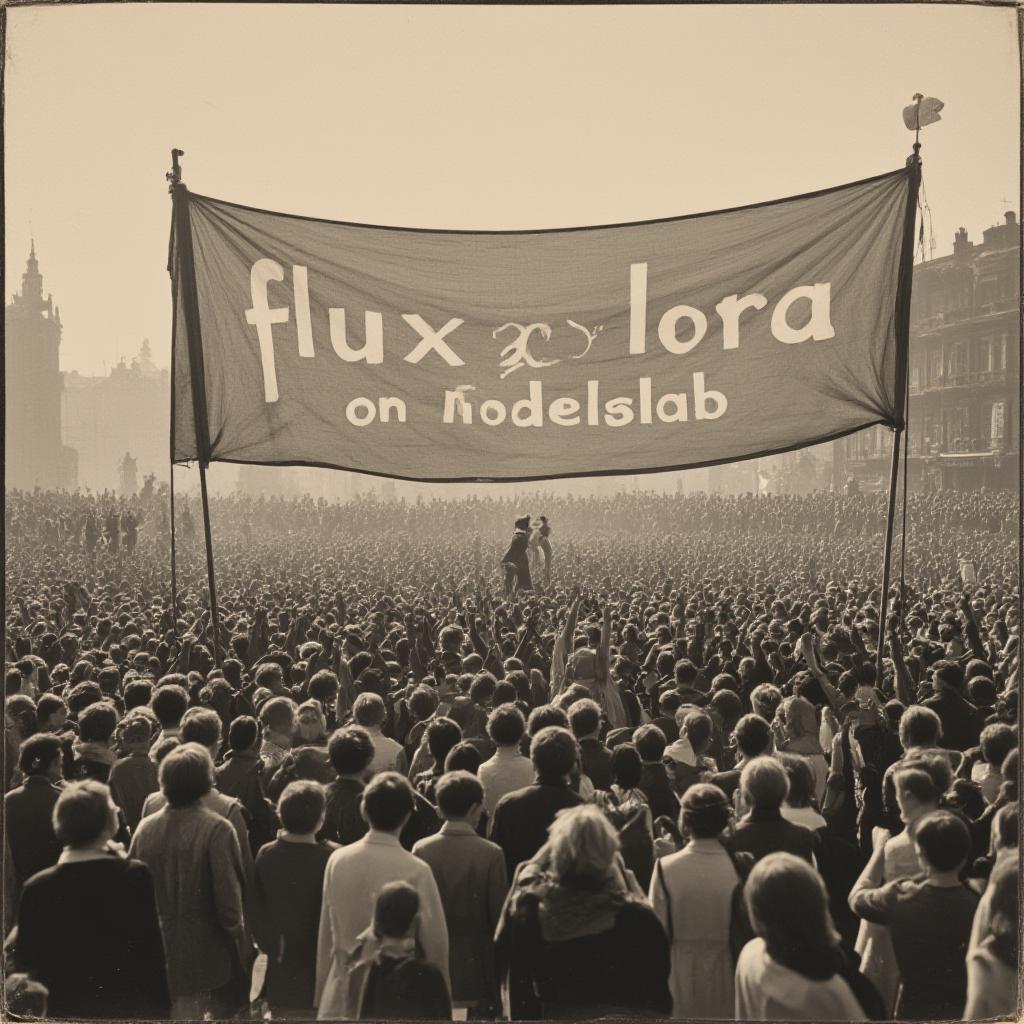  vintage style, a huge crowd cheering at a huge banner, banner contains the text 'flux lora on modelslab'.