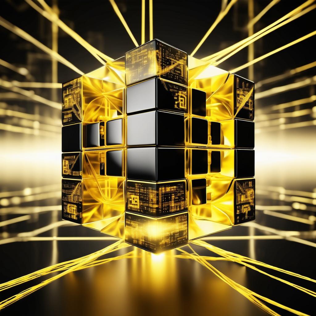  Quantum computer concept of AI, correct form, digital world, cube of golden color, black background, lighting, rays, rays of yellow color, concept art, cybernetics, AI.