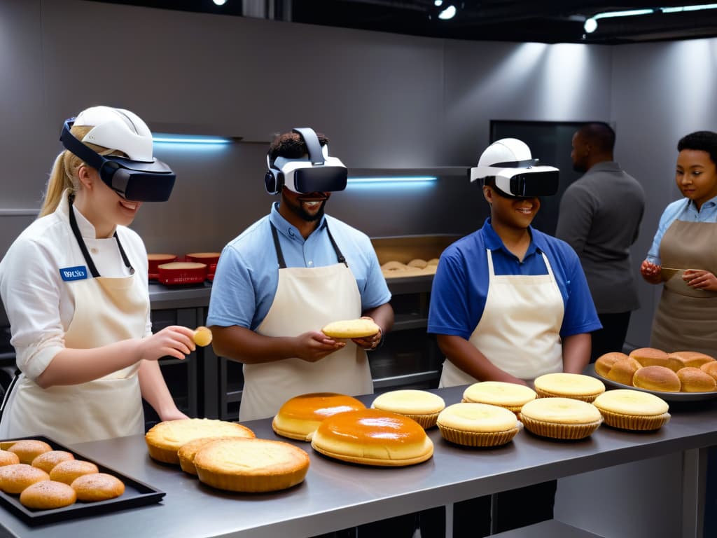  An 8k ultradetailed image of a diverse group of individuals with various disabilities, wearing virtual reality headsets, immersed in a virtual bakery setting. Each person is interacting with digital baking tools and ingredients, showcasing a scene of inclusivity and accessibility in virtual realitybased pastry instruction. hyperrealistic, full body, detailed clothing, highly detailed, cinematic lighting, stunningly beautiful, intricate, sharp focus, f/1. 8, 85mm, (centered image composition), (professionally color graded), ((bright soft diffused light)), volumetric fog, trending on instagram, trending on tumblr, HDR 4K, 8K