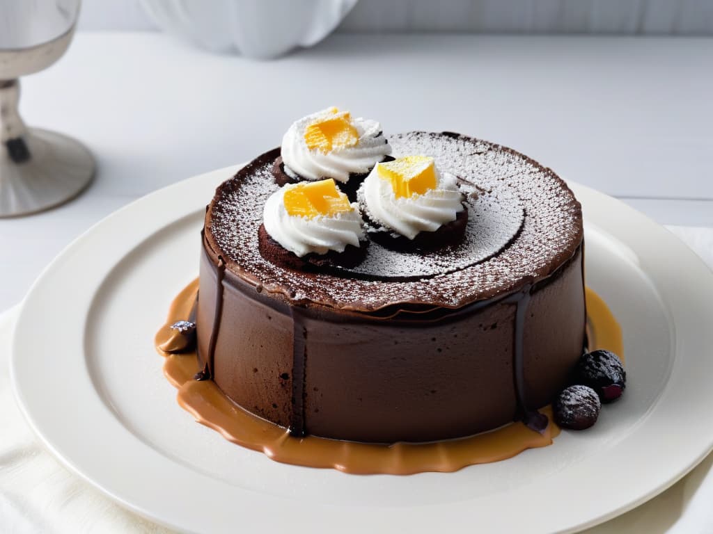  A closeup, ultradetailed image of a decadent chocolate lava cake with a perfectly cracked top, oozing with warm, molten chocolate. The cake sits on a sleek, modern plate against a pristine white background, highlighting its glossy texture and rich indulgence. Every crumb, every swirl of chocolate, and every tiny air bubble in the cake is visible in stunning clarity, inviting the viewer to almost taste the dessert through the screen. hyperrealistic, full body, detailed clothing, highly detailed, cinematic lighting, stunningly beautiful, intricate, sharp focus, f/1. 8, 85mm, (centered image composition), (professionally color graded), ((bright soft diffused light)), volumetric fog, trending on instagram, trending on tumblr, HDR 4K, 8K