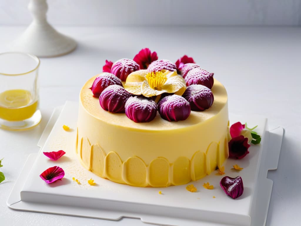  An intricately designed minimalist image showcasing a closeup shot of a freshly baked fluffy sponge cake covered in a smooth, glossy glaze made with rich and golden beet sugar. The cake is elegantly garnished with delicate edible flowers and a sprinkle of powdered sugar, sitting on a pristine white marble countertop with soft natural lighting casting gentle shadows, creating a serene and inviting atmosphere that perfectly embodies the essence of irresistible beet sugar recipes. hyperrealistic, full body, detailed clothing, highly detailed, cinematic lighting, stunningly beautiful, intricate, sharp focus, f/1. 8, 85mm, (centered image composition), (professionally color graded), ((bright soft diffused light)), volumetric fog, trending on instagram, trending on tumblr, HDR 4K, 8K