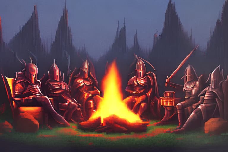  Dark fantasy knights sitting around a fire smoking