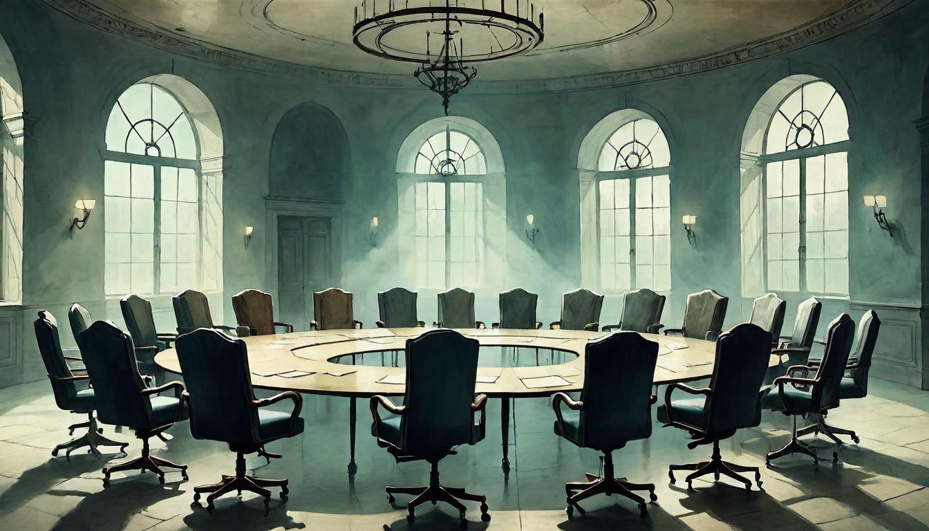  on parchment, surrealism+++, Empty meeting room, chairs arranged in circle, faint light coming through the window, air of secrecy, decisions made without presence, neglected, quiet.(mysterious, provocative, symbolic,muted color)+++