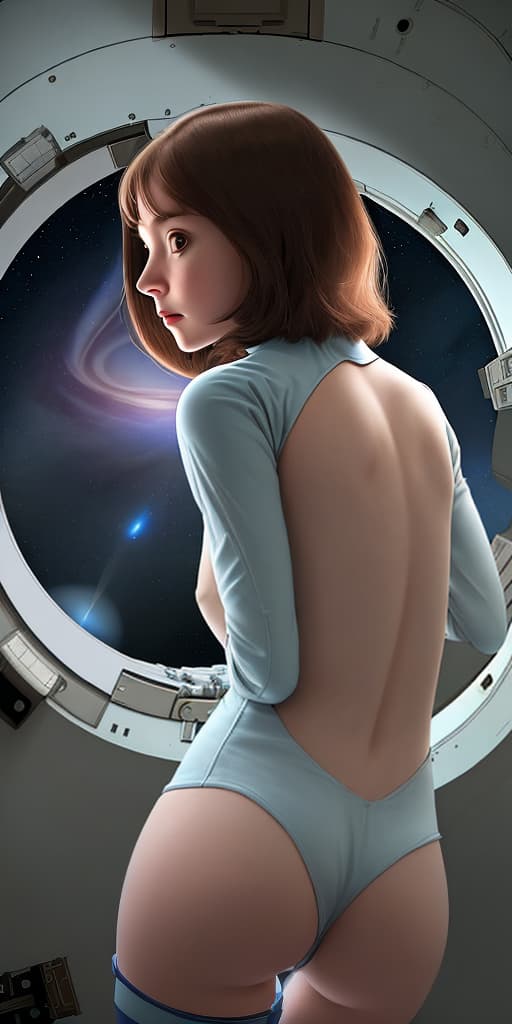  girl-astronaut, without a helmet, at the porthole, with her back, bent over