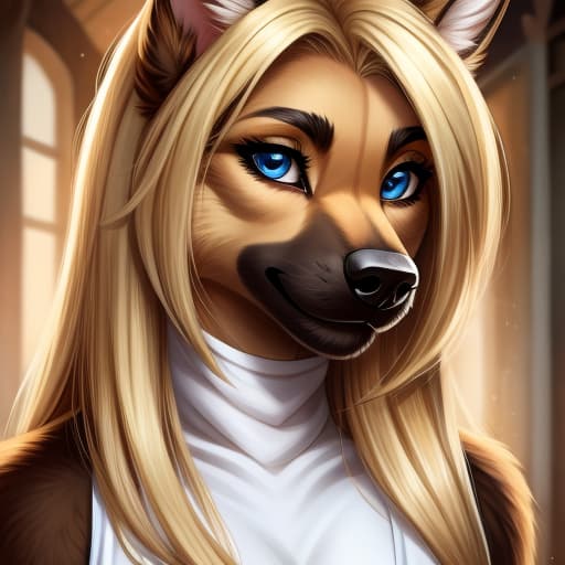  Anthro, Female, German Shepard, blue eyes, blond hair, open eyes, digital art, masterpiece, 4k, fine details,