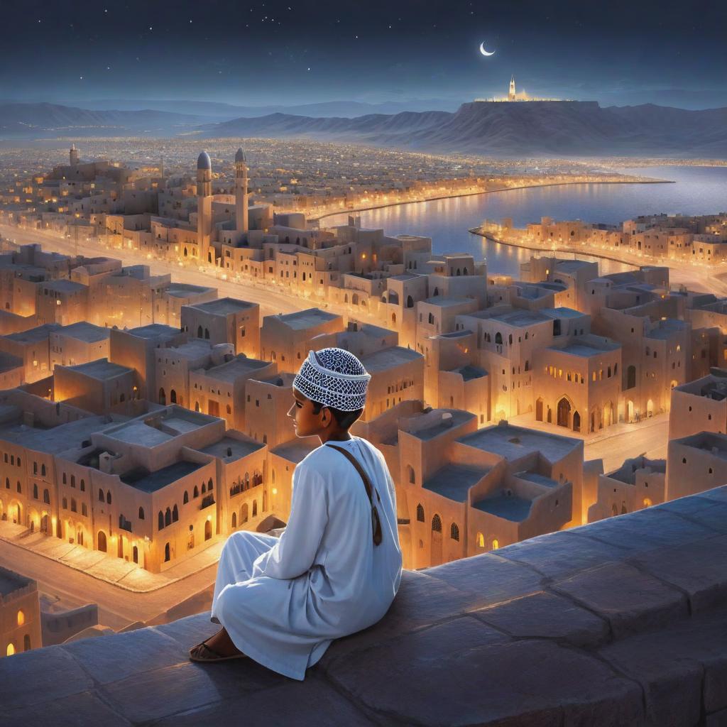  a painting of a omani boy sitting in front of a city at night, a detailed matte painting , shutterstock contest winner, fantasy art, matte painting, fantasy, storybook illustration
