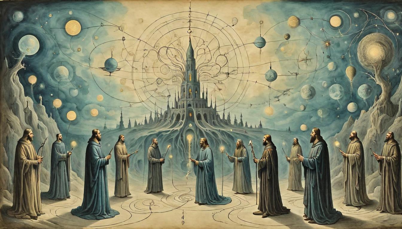  on parchment, surrealism+++, Numerous identical figures, each connected by glowing, ethereal threads, radiating from one central source, presence felt across various scenes, shadowy and spectral, interconnected, omnipresence(mysterious, provocative, symbolic,muted color)+++