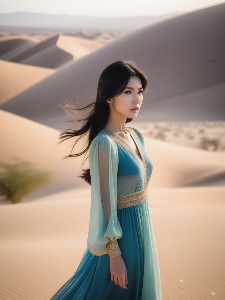  Half body portrait,Young Asian girl in Casual Women Long Puff Sleeve Vintage Long Dress Vestidos standing in Desert,black hair, look at to camera, cinematic lighting, stunningly beautiful, intricate, sharp focus, f/1. 8, 85mm, (professionally color graded), ((bright soft diffused light)), volumetric fog, trending on instagram, trending on tumblr, HDR 4K, 8K hyperrealistic, full body, detailed clothing, highly detailed, cinematic lighting, stunningly beautiful, intricate, sharp focus, f/1. 8, 85mm, (centered image composition), (professionally color graded), ((bright soft diffused light)), volumetric fog, trending on instagram, trending on tumblr, HDR 4K, 8K