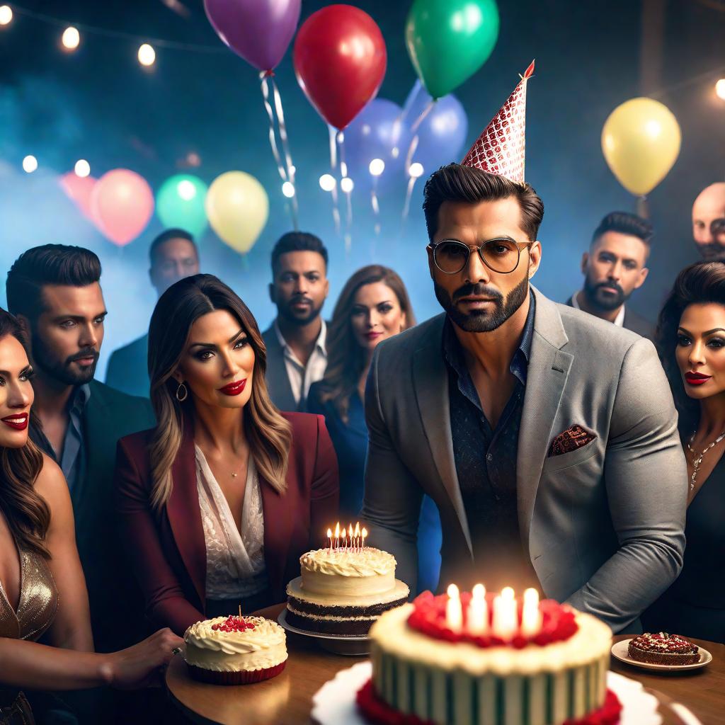  Birthday party hyperrealistic, full body, detailed clothing, highly detailed, cinematic lighting, stunningly beautiful, intricate, sharp focus, f/1. 8, 85mm, (centered image composition), (professionally color graded), ((bright soft diffused light)), volumetric fog, trending on instagram, trending on tumblr, HDR 4K, 8K